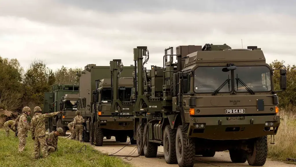 British Army personnel operating military trucks equipped with communication systems and fibre optic cabling during field deployment.