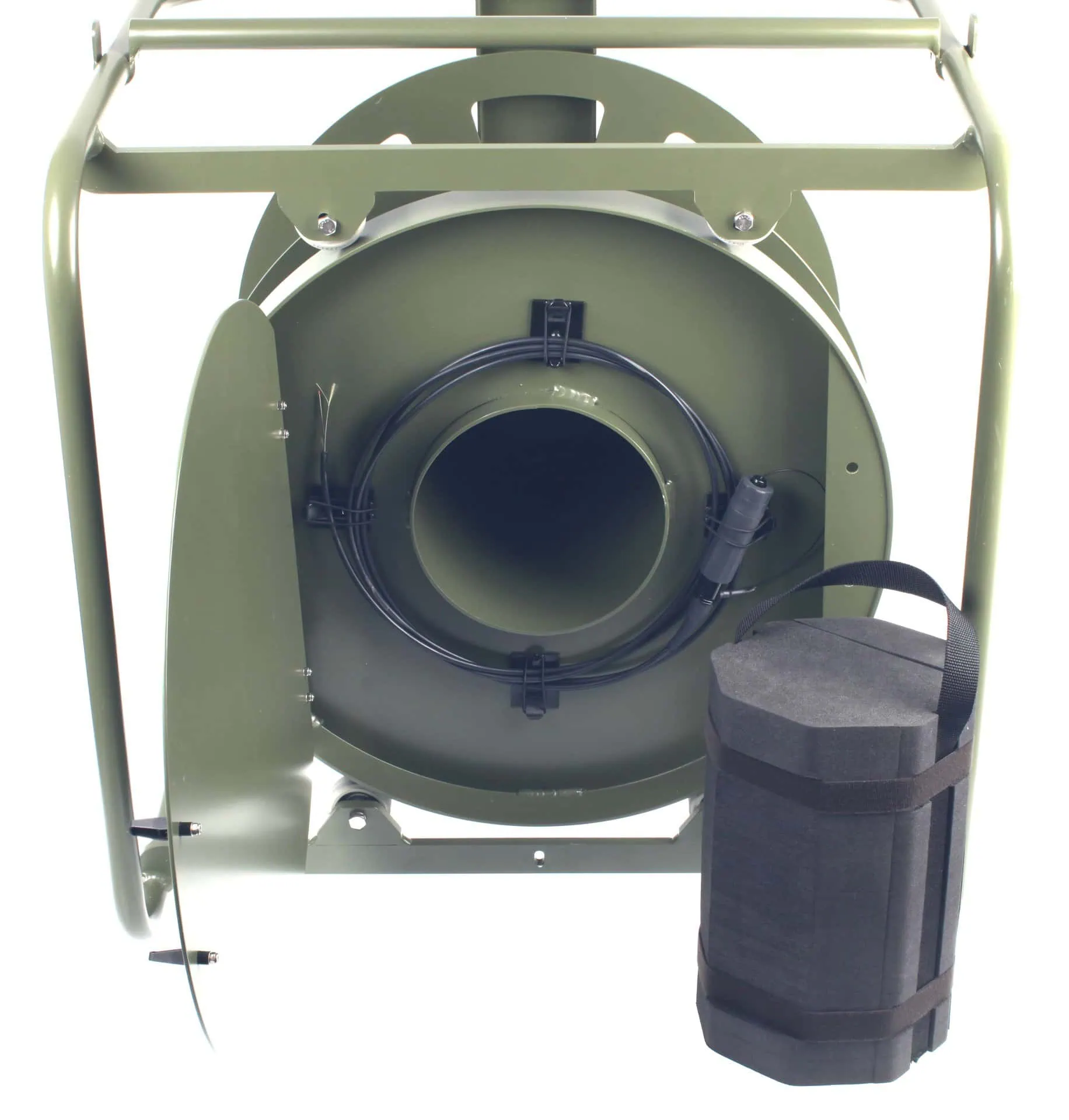 A detailed shot of an olive-green tactical fibre optic cable dispenser with a central spool, supported by a metal frame, shown alongside a separate grey case.
