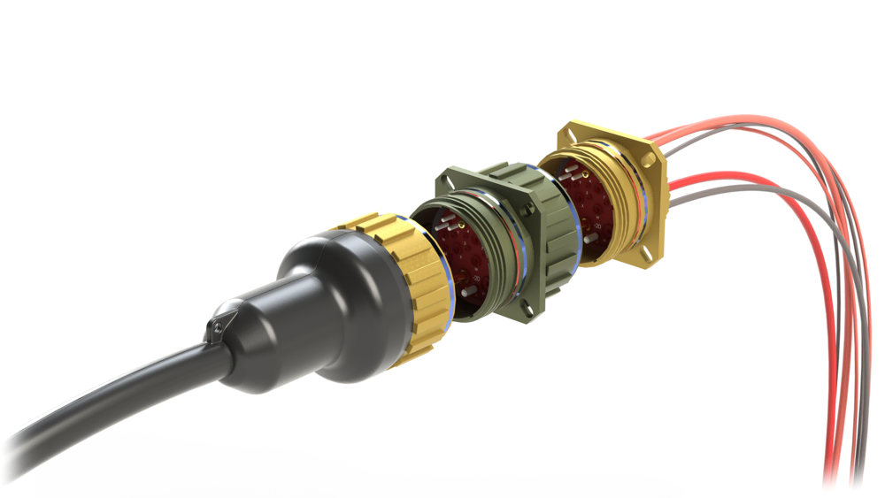 A three-dimensional rendering of a multi-part fibre optic adaptor in an exploded view. The image shows a black cable, a gold-coloured housing, and a central olive-green connector with multiple red pins and a blue ring.